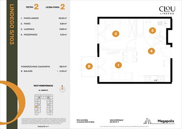rzut mieszkanie na sprzedaż 38m2 mieszkanie Kraków, Lindego 5