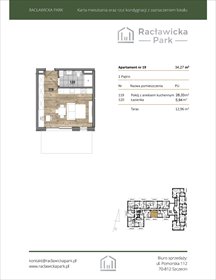 rzut mieszkanie na sprzedaż 34m2 mieszkanie Szczecin, DĄBIE, Racławicka 1
