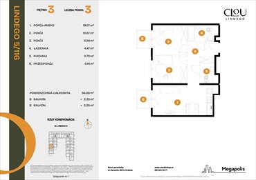 rzut mieszkanie na sprzedaż 56m2 mieszkanie Kraków, Lindego 5