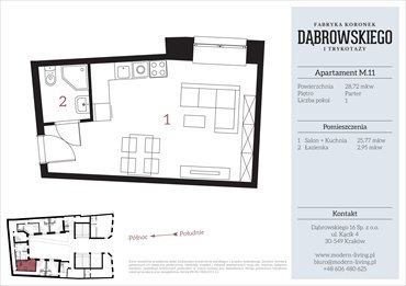 rzut mieszkanie na sprzedaż 29m2 mieszkanie Kraków, Stare Podgórze, Dąbrowskiego 16