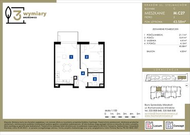 rzut mieszkanie na sprzedaż 44m2 mieszkanie Kraków, Bronowice Wielkie, Stelmachów