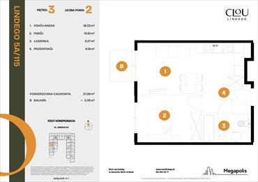 rzut mieszkanie na sprzedaż 37m2 mieszkanie Kraków, Lindego 5a