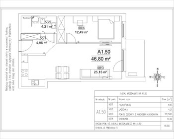 rzut mieszkanie na sprzedaż 47m2 mieszkanie Kraków, Krowodrza, Wybickiego 5