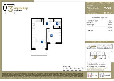 rzut mieszkanie na sprzedaż 46m2 mieszkanie Kraków, Bronowice Wielkie, Stelmachów