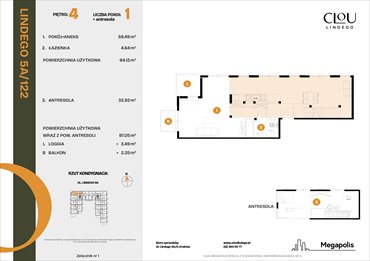 rzut mieszkanie na sprzedaż 64m2 mieszkanie Kraków, Lindego 5a
