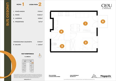 rzut mieszkanie na sprzedaż 37m2 mieszkanie Kraków, Lindego 5