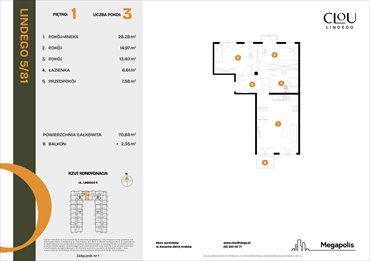 rzut mieszkanie na sprzedaż 71m2 mieszkanie Kraków, Lindego 5