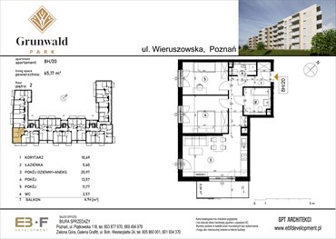 rzut mieszkanie na sprzedaż 65m2 mieszkanie Poznań, Grunwald, Wieruszowska 8
