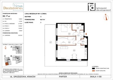 rzut mieszkanie na sprzedaż 66m2 mieszkanie Kraków, Bieżanów, Drożdżowa
