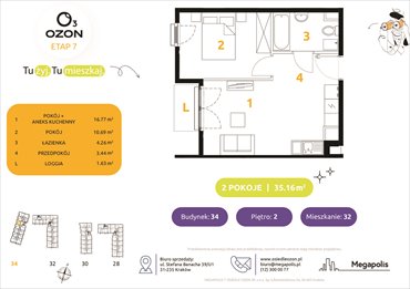 rzut mieszkanie na sprzedaż 35m2 mieszkanie Kraków, Prądnik Biały, Banacha 28-34