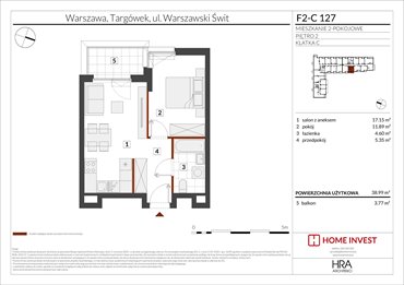 rzut mieszkanie na sprzedaż 39m2 mieszkanie Warszawa, ul. Warszawski Świt