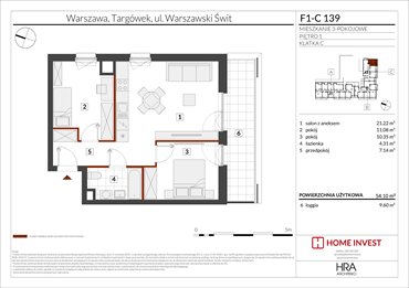 rzut mieszkanie na sprzedaż 54m2 mieszkanie Warszawa, ul. Warszawski Świt