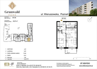 rzut mieszkanie na sprzedaż 45m2 mieszkanie Poznań, Grunwald, Wieruszowska 8