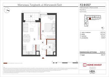 rzut mieszkanie na sprzedaż 41m2 mieszkanie Warszawa, ul. Warszawski Świt