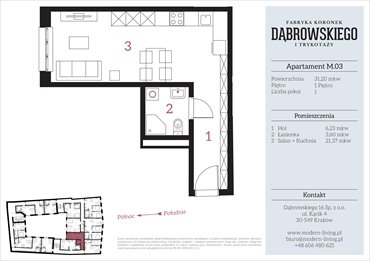 rzut mieszkanie na sprzedaż 31m2 mieszkanie Kraków, Stare Podgórze, Dąbrowskiego 16