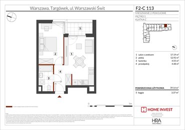 rzut mieszkanie na sprzedaż 39m2 mieszkanie Warszawa, ul. Warszawski Świt