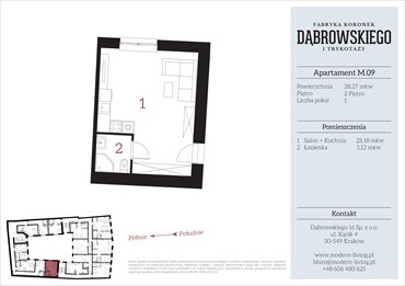 rzut mieszkanie na sprzedaż 28m2 mieszkanie Kraków, Stare Podgórze, Dąbrowskiego 16