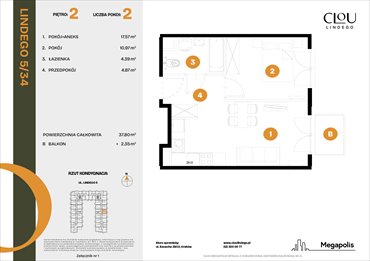 rzut mieszkanie na sprzedaż 38m2 mieszkanie Kraków, Lindego 5