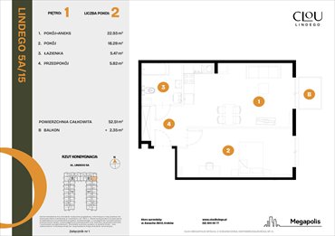 rzut mieszkanie na sprzedaż 52m2 mieszkanie Kraków, Lindego 5a