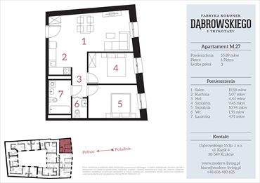 rzut mieszkanie na sprzedaż 56m2 mieszkanie Kraków, Stare Podgórze, Dąbrowskiego 16