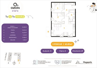 rzut mieszkanie na sprzedaż 62m2 mieszkanie Kraków, Schillinga 2-4
