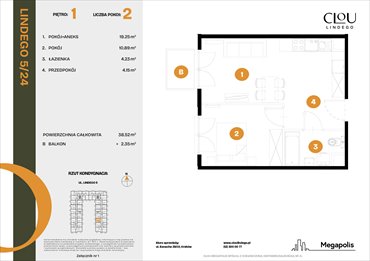 rzut mieszkanie na sprzedaż 39m2 mieszkanie Kraków, Lindego 5