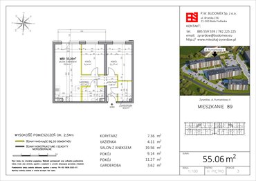 rzut mieszkanie na sprzedaż 55m2 mieszkanie Żyrardów, Rumiankowa 4