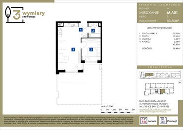 rzut mieszkanie na sprzedaż 43m2 mieszkanie Kraków, Bronowice Wielkie, Stelmachów