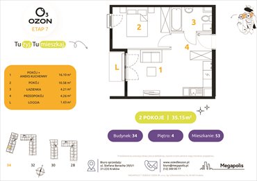 rzut mieszkanie na sprzedaż 35m2 mieszkanie Kraków, Prądnik Biały, Banacha 28-34