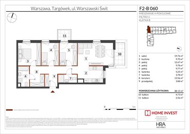 rzut mieszkanie na sprzedaż 88m2 mieszkanie Warszawa, ul. Warszawski Świt