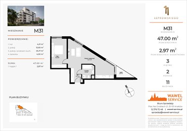 rzut mieszkanie na sprzedaż 47m2 mieszkanie Kraków, Prądnik Czerwony, Łepkowskiego 11