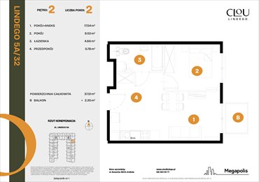 rzut mieszkanie na sprzedaż 38m2 mieszkanie Kraków, Lindego 5a