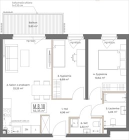 rzut mieszkanie na sprzedaż 56m2 mieszkanie Gdańsk, Osowa, Izydy