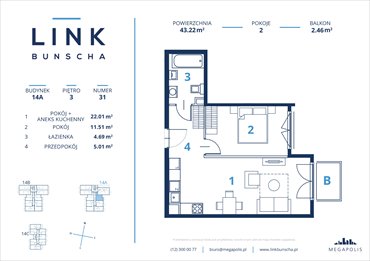 rzut mieszkanie na sprzedaż 43m2 mieszkanie Kraków, Bunscha 14a