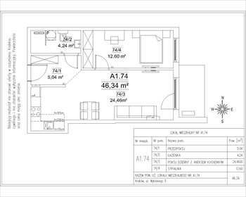 rzut mieszkanie na sprzedaż 46m2 mieszkanie Kraków, Krowodrza, Wybickiego 5