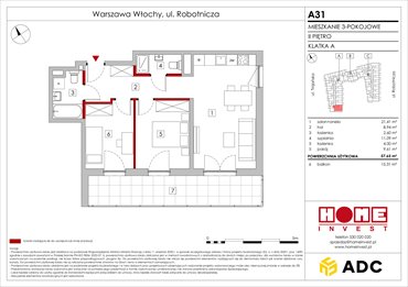 rzut mieszkanie na sprzedaż 58m2 mieszkanie Warszawa, Włochy, ul. Robotnicza 11/13