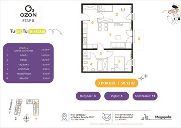 rzut mieszkanie na sprzedaż 58m2 mieszkanie Kraków, Schillinga 2-4