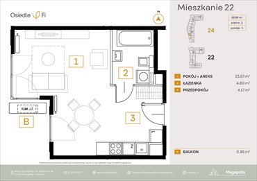 rzut mieszkanie na sprzedaż 33m2 mieszkanie Kraków, Rzemieślnicza 22-24