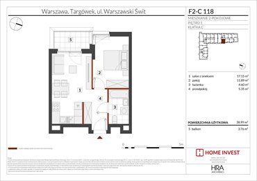 rzut mieszkanie na sprzedaż 39m2 mieszkanie Warszawa, ul. Warszawski Świt