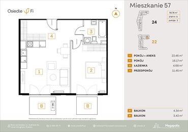 rzut mieszkanie na sprzedaż 56m2 mieszkanie Kraków, Rzemieślnicza 22-24