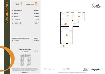 rzut mieszkanie na sprzedaż 71m2 mieszkanie Kraków, Lindego 5