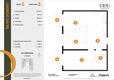 rzut mieszkanie na sprzedaż 59m2 mieszkanie Kraków, Lindego 5a