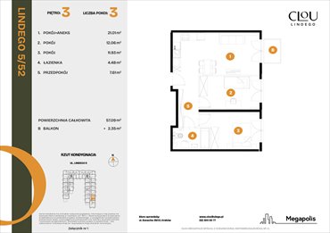 rzut mieszkanie na sprzedaż 57m2 mieszkanie Kraków, Lindego 5