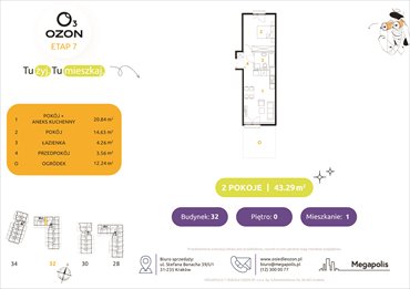 rzut mieszkanie na sprzedaż 43m2 mieszkanie Kraków, Prądnik Biały, Banacha 28-34