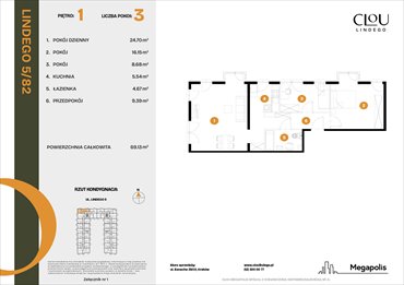 rzut mieszkanie na sprzedaż 69m2 mieszkanie Kraków, Lindego 5