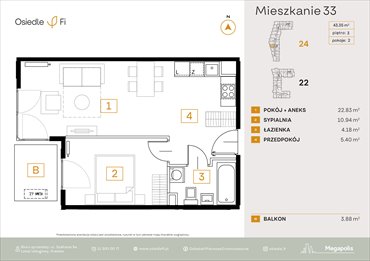 rzut mieszkanie na sprzedaż 43m2 mieszkanie Kraków, Rzemieślnicza 22-24