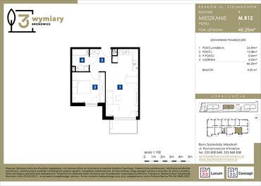 rzut mieszkanie na sprzedaż 46m2 mieszkanie Kraków, Bronowice Wielkie, Stelmachów