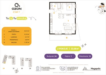 rzut mieszkanie na sprzedaż 54m2 mieszkanie Kraków, Prądnik Biały, Banacha 28-34