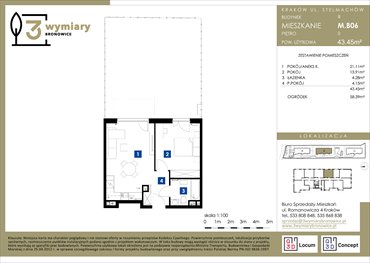 rzut mieszkanie na sprzedaż 43m2 mieszkanie Kraków, Bronowice Wielkie, Stelmachów