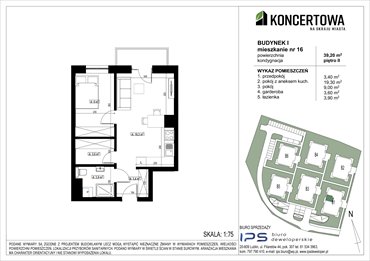 rzut mieszkanie na sprzedaż 39m2 mieszkanie Lublin, Czechów Północny, Koncertowa
